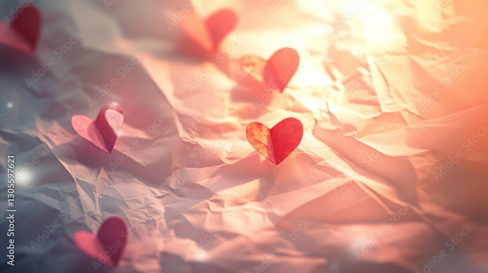 Poster red paper hearts floating on a wrinkled paper surface