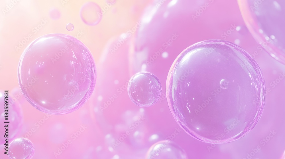 Poster Several transparent spherical bubbles floating against a gradient pink background