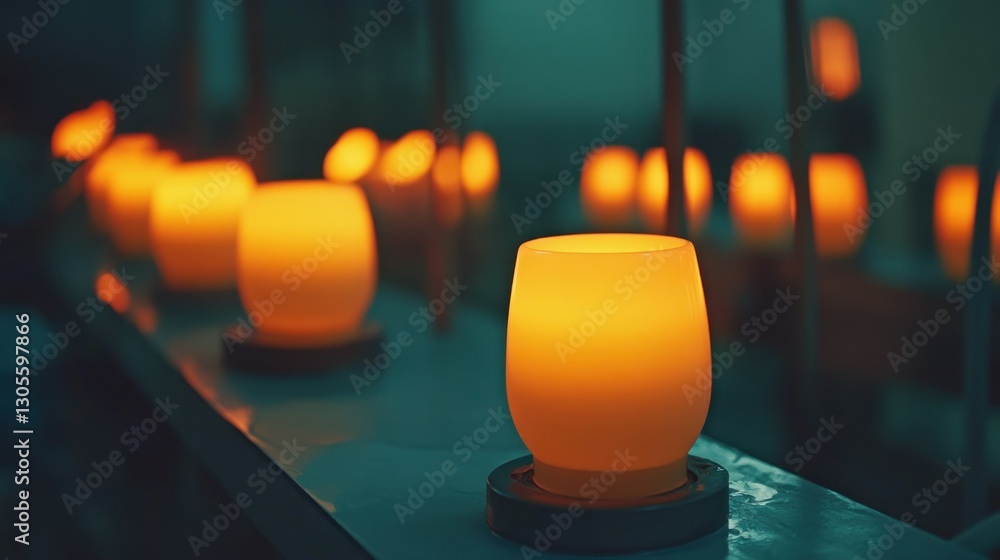 Poster a row of glowing candles on a reflective dark surface