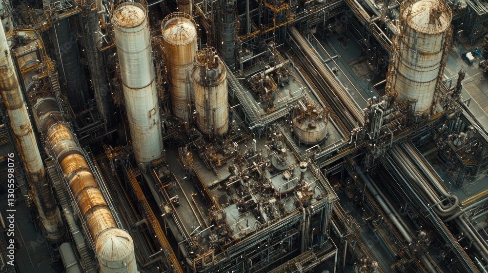 Poster industrial complex featuring several tanks and piping systems from an aerial view