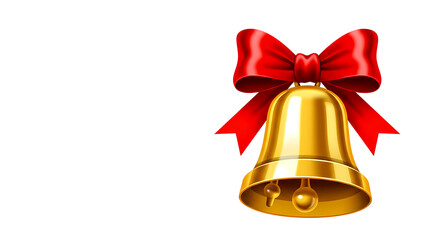 golden Christmas bell tied with a red ribbon, shiny metallic surface