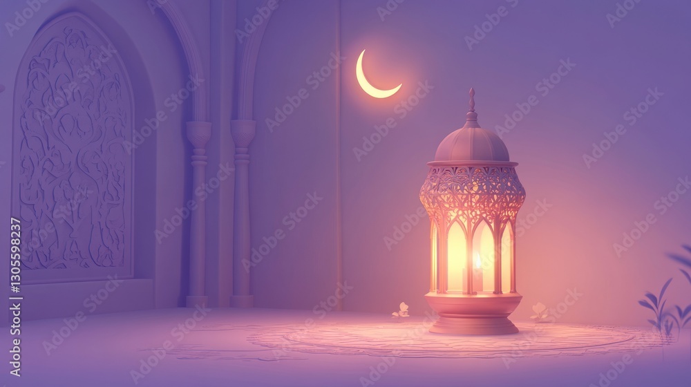 Poster a decorative lamp glowing with soft light near a crescent moon