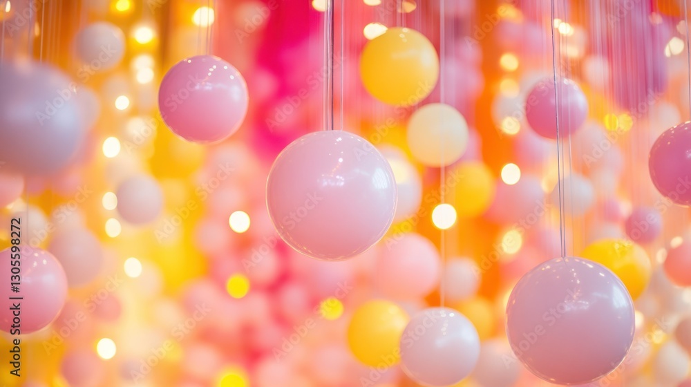 Poster Many colored spheres hang from above with small lights in view