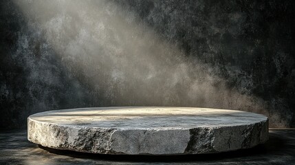 Stone pedestal display in dark room with spotlight