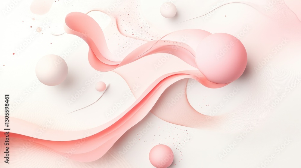 Poster Floating pink shapes and orbs with abstract fluid lines