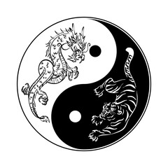 Yin and Yang symbol with dragon and tiger in it, Feng Shui, black and white, line drawing