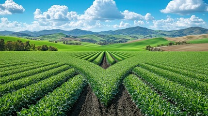 Structured Farmland, V-Shaped Rows, Sunny Day