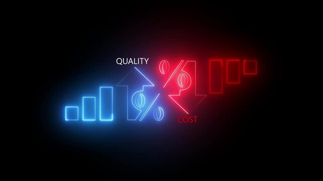 Quality neon control and company cost reduction. Successful organization strategy and management. Percentage icon of quality and cost with up and down mini graph animation, on black background.