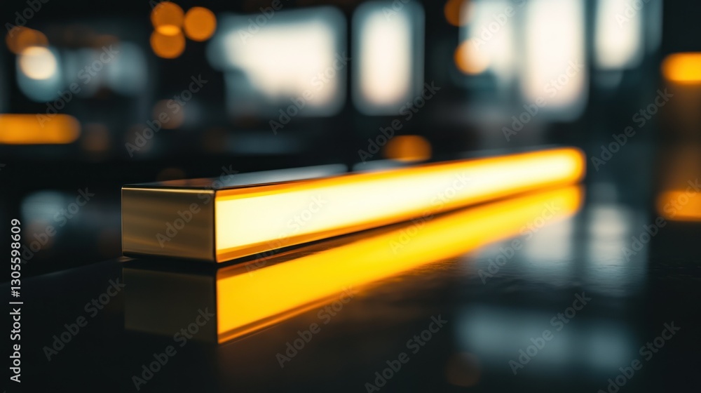 Poster a gold illuminated light bar is resting on a dark surface