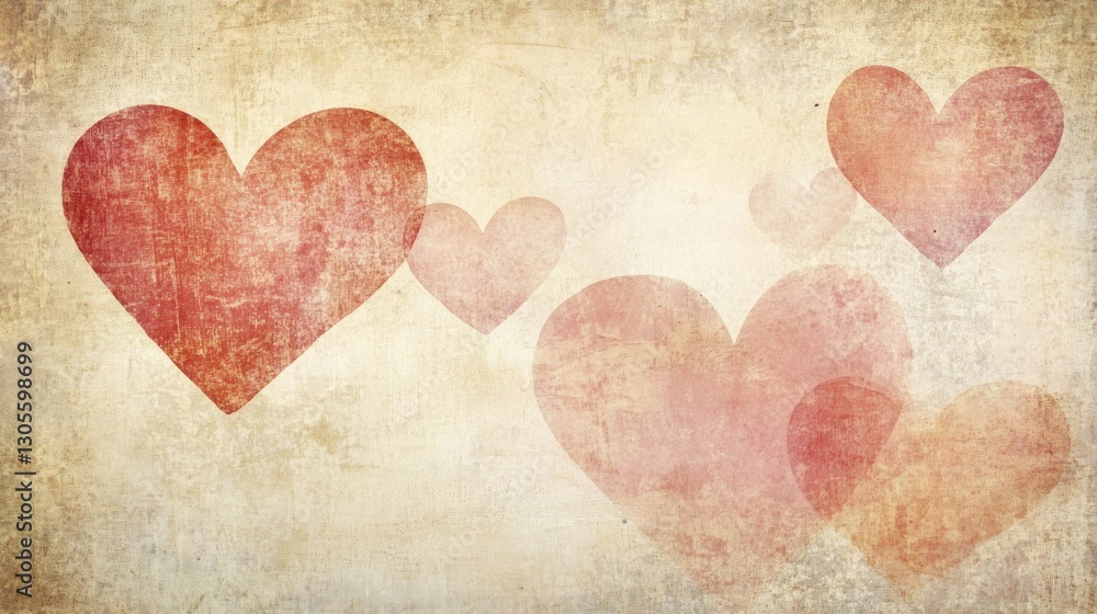 Poster several textured hearts arranged on a pale grungy background
