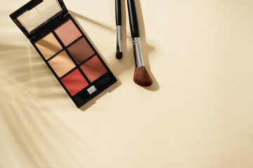 Make up palette and cosmetic brushes at pastel background with hard shadows.