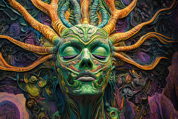 Naklejka premium Surreal DMT Art of a Transcendental Cosmic Being with a Luminous Green Face, Psychedelic Tendrils, and Hypnotic Fractal Patterns