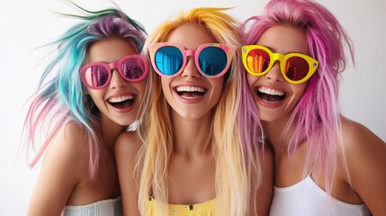 Three women laughing in colourful sunglasses