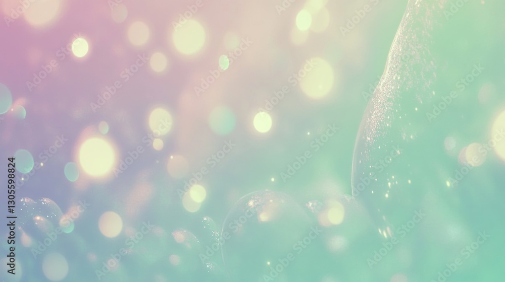 Poster pastel bubbles shine above a surface of illuminated shimmering light