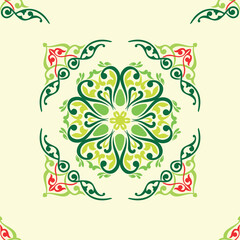 Tatar seamless pattern. Islamic tulip, floral geometry. Culture of the Tatar people, symbols of green and red