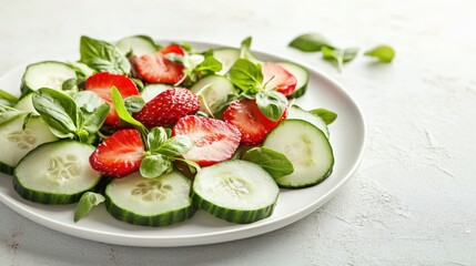 Delicate Post-Processing presentation of a summer salad composed of uniquely shaped cucumbers, fragrant strawberries, fresh microgreens, drizzle of basil dressing, arranged on white ceramic plate