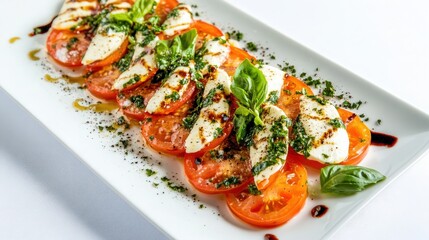 Photo of Caprese salad featuring locally sourced uniquely shaped tomatoes, fresh basil, and creamy farm mozzarella. Tomatoes are vibrant varied in shape, creating visually captivating arrangement