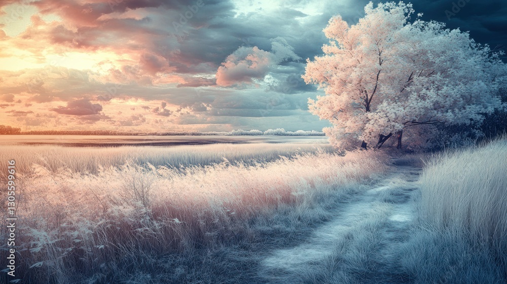 Poster a tranquil field scene displays a majestic tree and clouds
