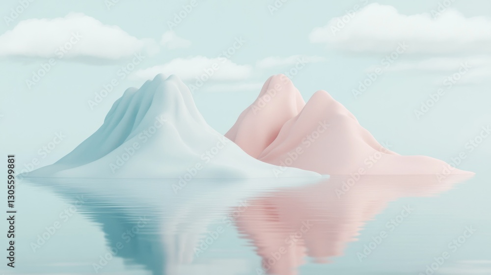 Poster abstract mountains and clouds are reflected over calm water