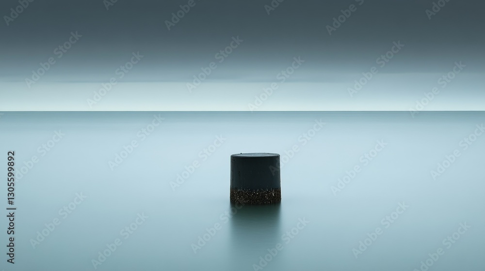 Poster a cylindrical shape floating in tranquil water with gradient skies