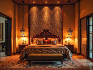 Luxurious bedroom with warm lighting, ornate headboard, and rich textiles