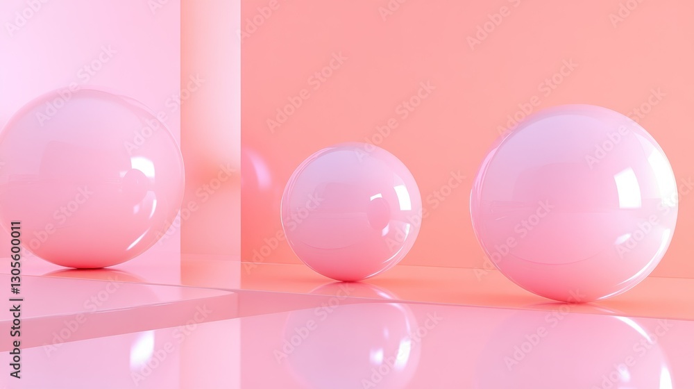 Poster Three spherical objects reflected in a glossy pink surface