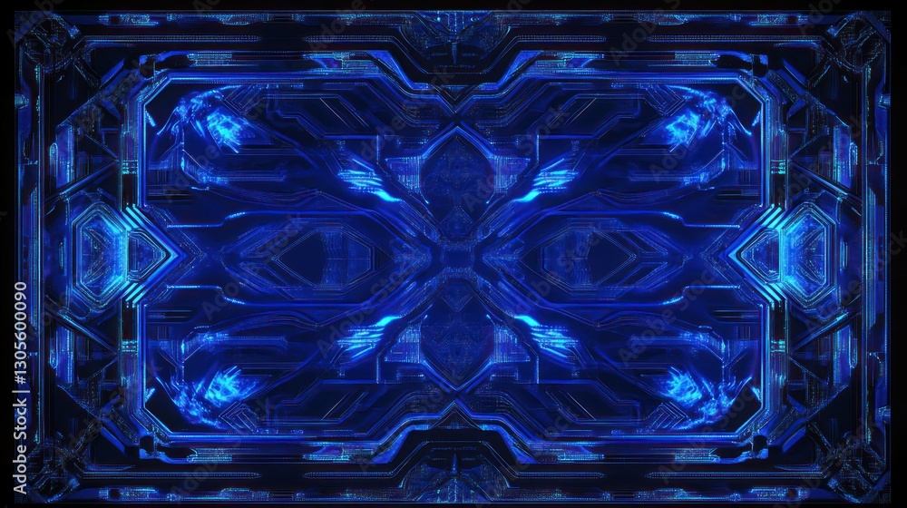 Poster Blue futuristic abstract electronic circuit board pattern symmetrically arranged across the frame