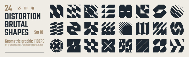 Postmodern abstract geometric graphic elements, Refraction and distortion glass effect various form, Brutalist vector shapes, trendy retro design symbols in Y2K aesthetics, vintage stickers, set 10
