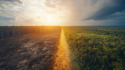 Fototapeta premium Contrast of deforestation and thriving rainforest at sunset showcasing the impact of environmental changes