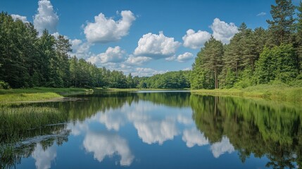 Blue sky and clouds reflect on the calm lake water