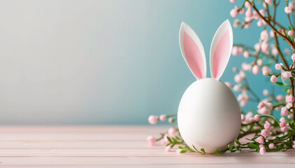 Cute white egg with rabbit ears, spring Easter background, free space, pastel flowers