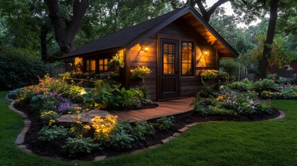 Charming garden shed illuminated by warm lights surrounded by flowers and plants. Generative AI