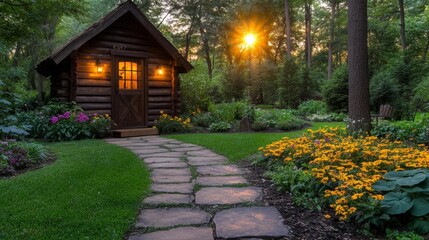 Fototapeta premium A rustic garden shed surrounded by colorful flowers and lush greenery at sunset. Generative AI