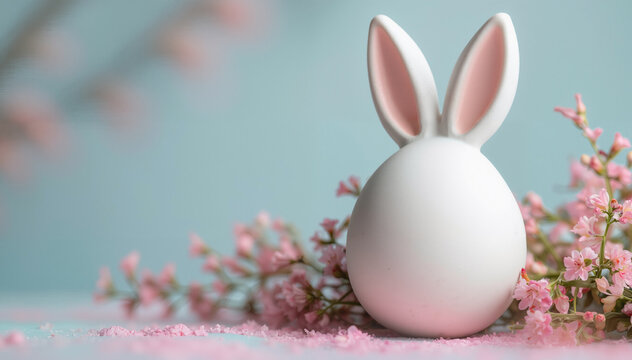 The Easter Bunny's ears stick out from behind a row of eggs. Easter composition on yellow background with copy space.