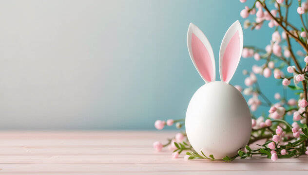 Cute white egg with rabbit ears, spring Easter background, free space, pastel flowers