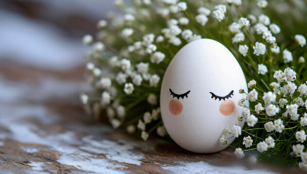 Cute Easter egg with cute faces in floral wreath crowns on brown burlap background. Easter eggs with flowers and sleepy eyes in flowers. Happy Easter concept.