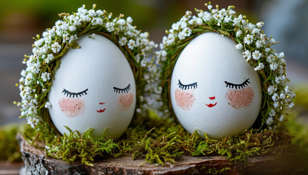 Couple of Cute Easter eggs with cute faces in floral wreath crowns on brown burlap background. Easter eggs with flowers and sleepy eyes in flowers. Happy Easter concept.