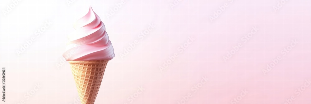 Poster Soft serve ice cream cone with pink swirl captures summer treat enjoyment at a local ice cream shop. Generative AI
