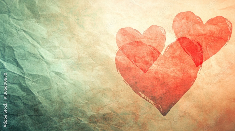 Poster three red hearts overlapping on a textured paper background