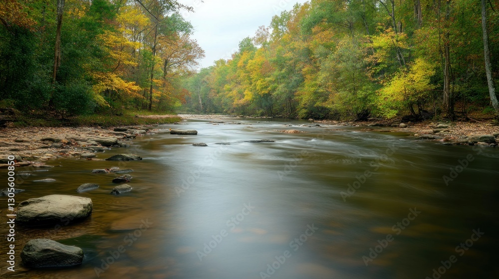 Aufkleber river flows gently through a forest with colorful trees
