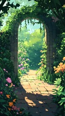 Obraz premium An arched stone pathway leads into a beautiful blossoming garden