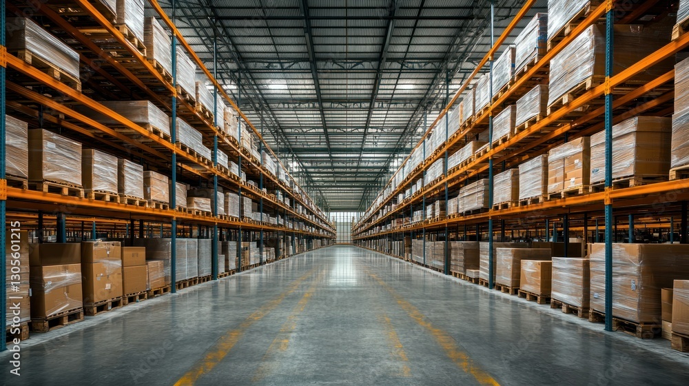 Poster Rows of boxes and pallets stored in a large warehouse