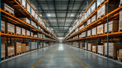 Rows of boxes and pallets stored in a large warehouse