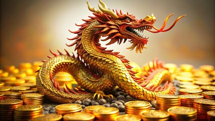 Obraz premium Majestic Dragon Gold Coin Sculpture - Fantasy Art Long Exposure Photography