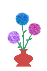 A red vase with three flowers. The flowers are round and come in different shades of purple, pink and blue. The vase is placed on a white background.