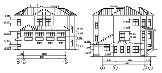 Vector architectural engineering construction
drawing of private residential building
with dimensional lines. Industrial hand design
on white sheet of paper. Blueprint of multistory
suburban cottage.