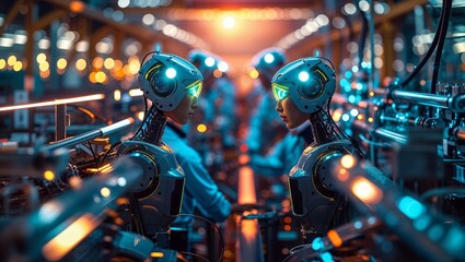 Fototapeta premium Advanced robots collaborate in a high-tech manufacturing facility during the evening hours