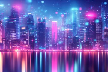 Obraz premium A futuristic city skyline reflecting lights over calm water at night