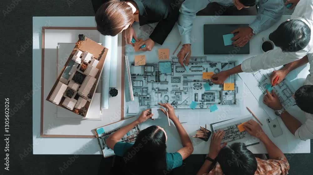 Poster top aerial view of project manager or civil engineer writing at blueprint and planning building desi