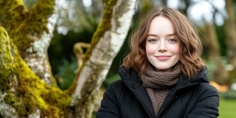 A young woman with wavy hair stands confidently in a beautiful garden, surrounded by greenery and rustic tree trunks. Her warm smile reflects the peaceful atmosphere